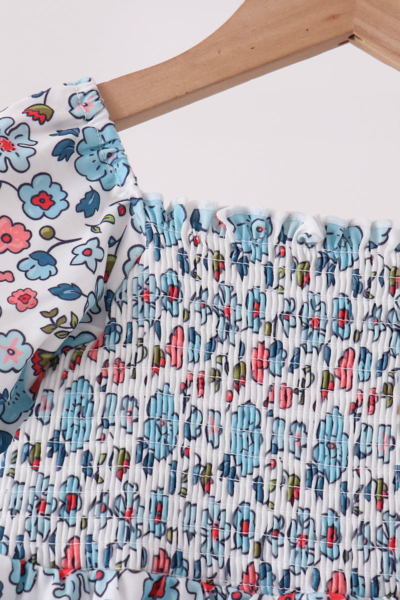 Blue Floral Smocked Ruffle Dress