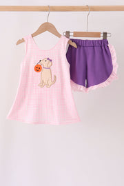 Pink Puppy Pumpkin Applique Ruffle Shorts Set