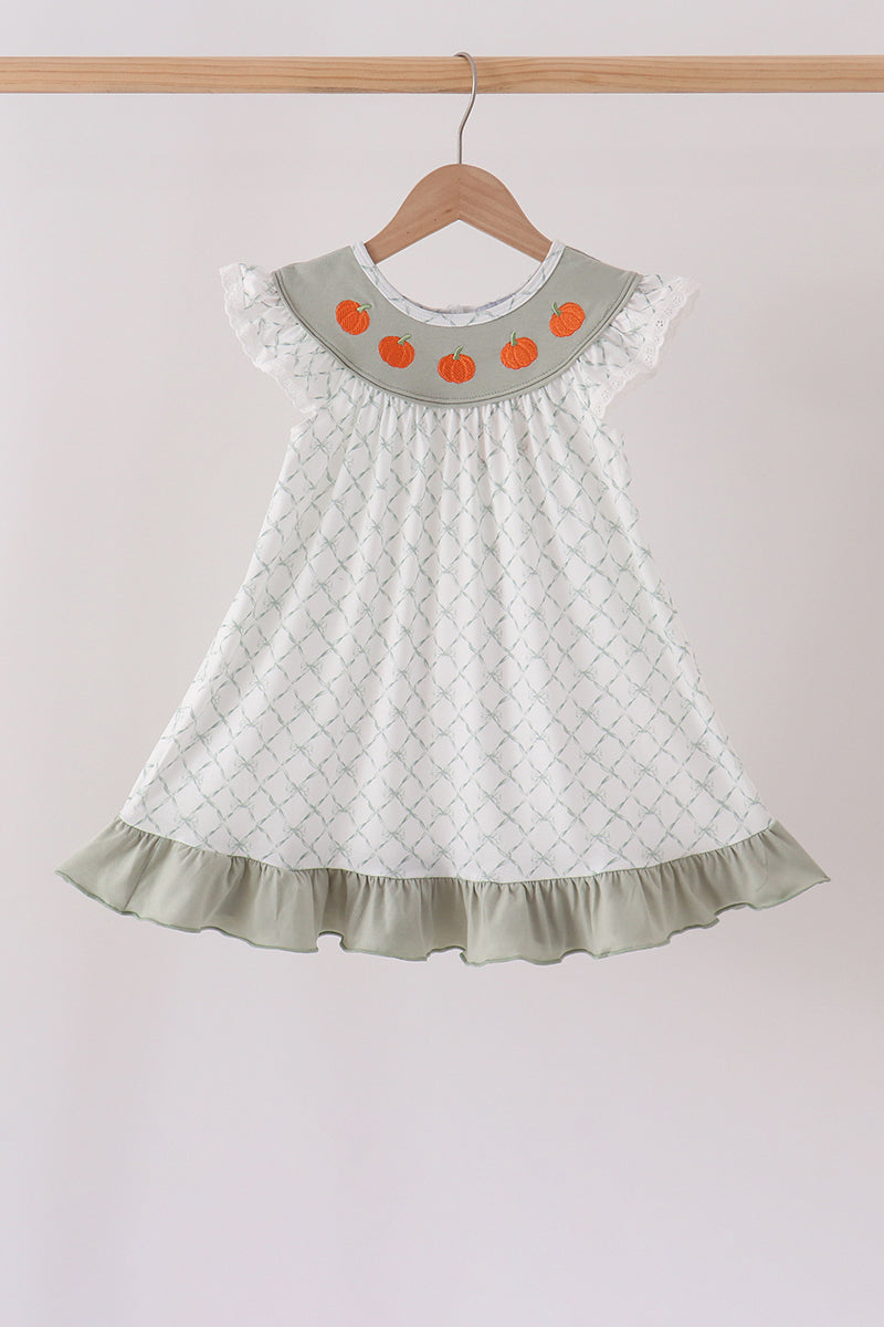 Sage Pumpkin Embroidery Bow Ruffle Dress