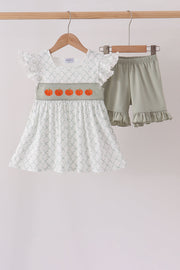 Sage Pumpkin Embroidery Bow Ruffle Shorts Set