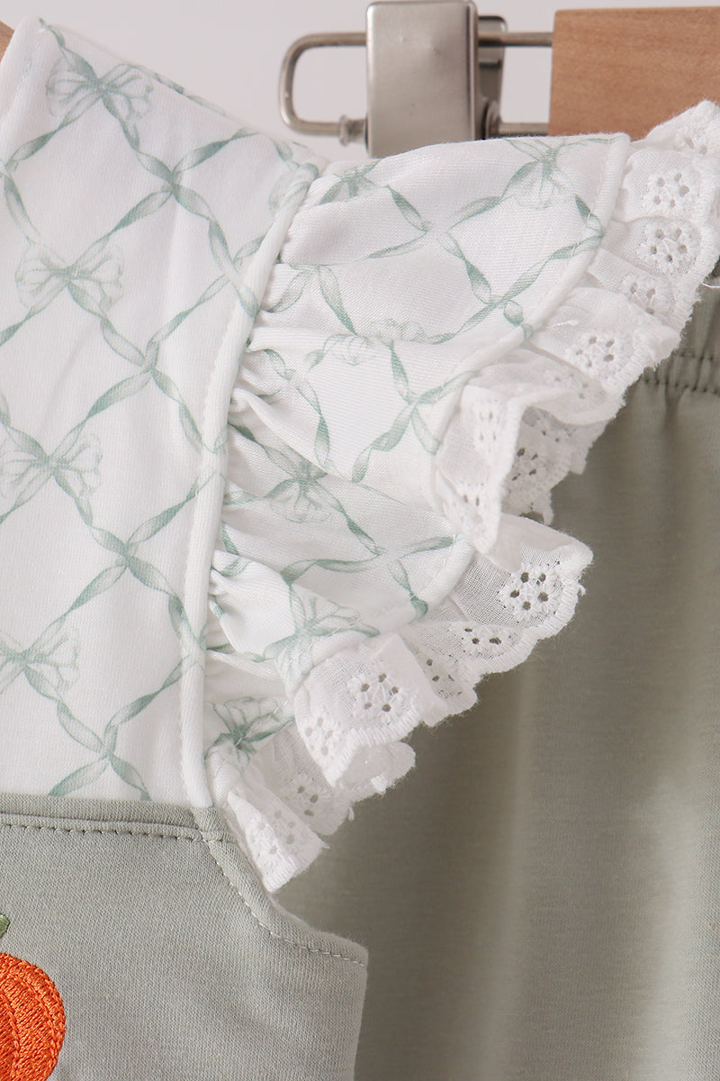 Sage Pumpkin Embroidery Bow Ruffle Shorts Set