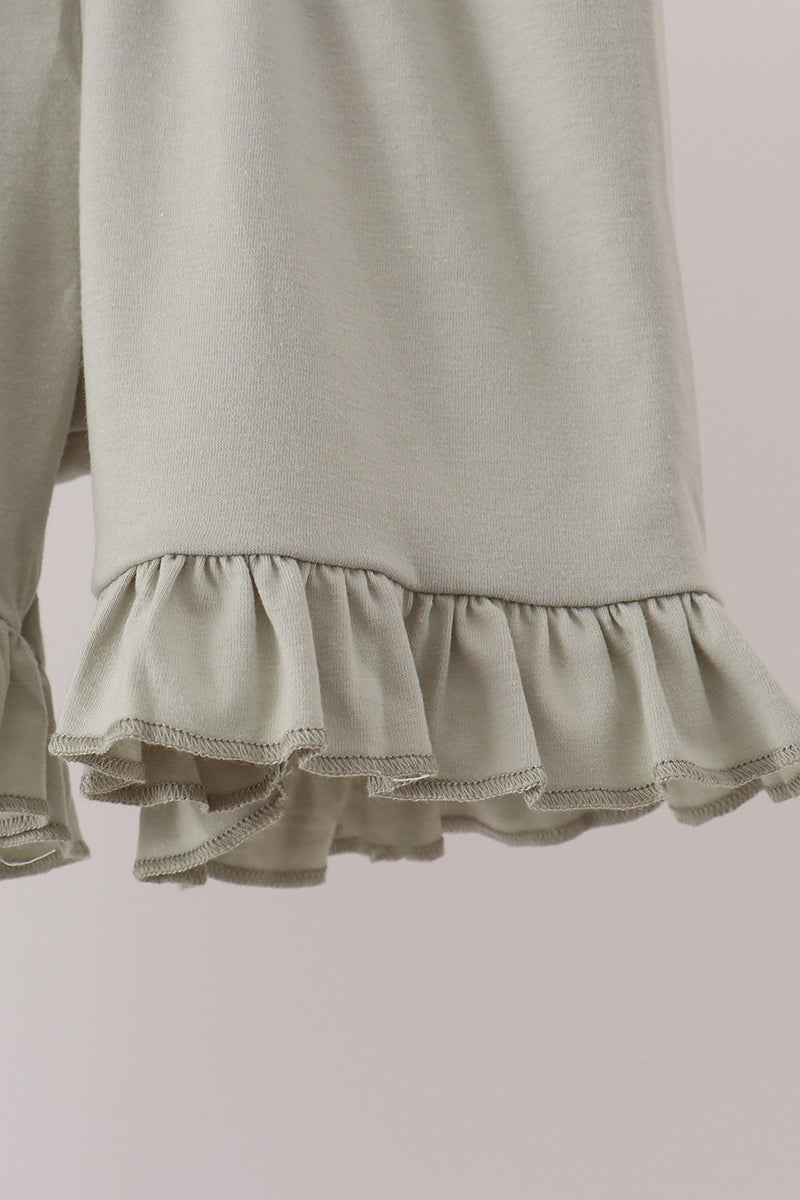 Sage Pumpkin Embroidery Bow Ruffle Shorts Set
