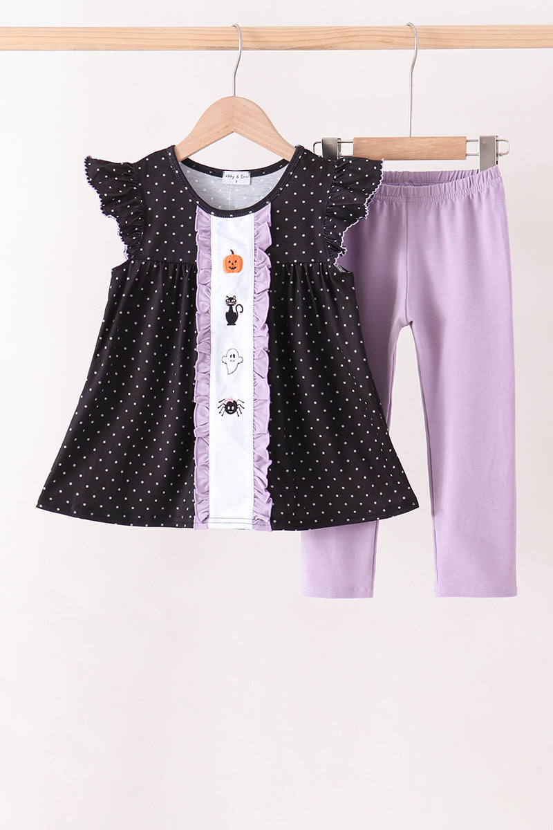 Black Ghost Spider Embroidery Ruffle Pants Set
