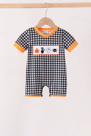 Black Ghost Spider Embroidery Gingham Romper