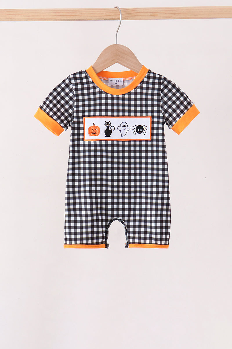 Black Ghost Spider Embroidery Gingham Romper