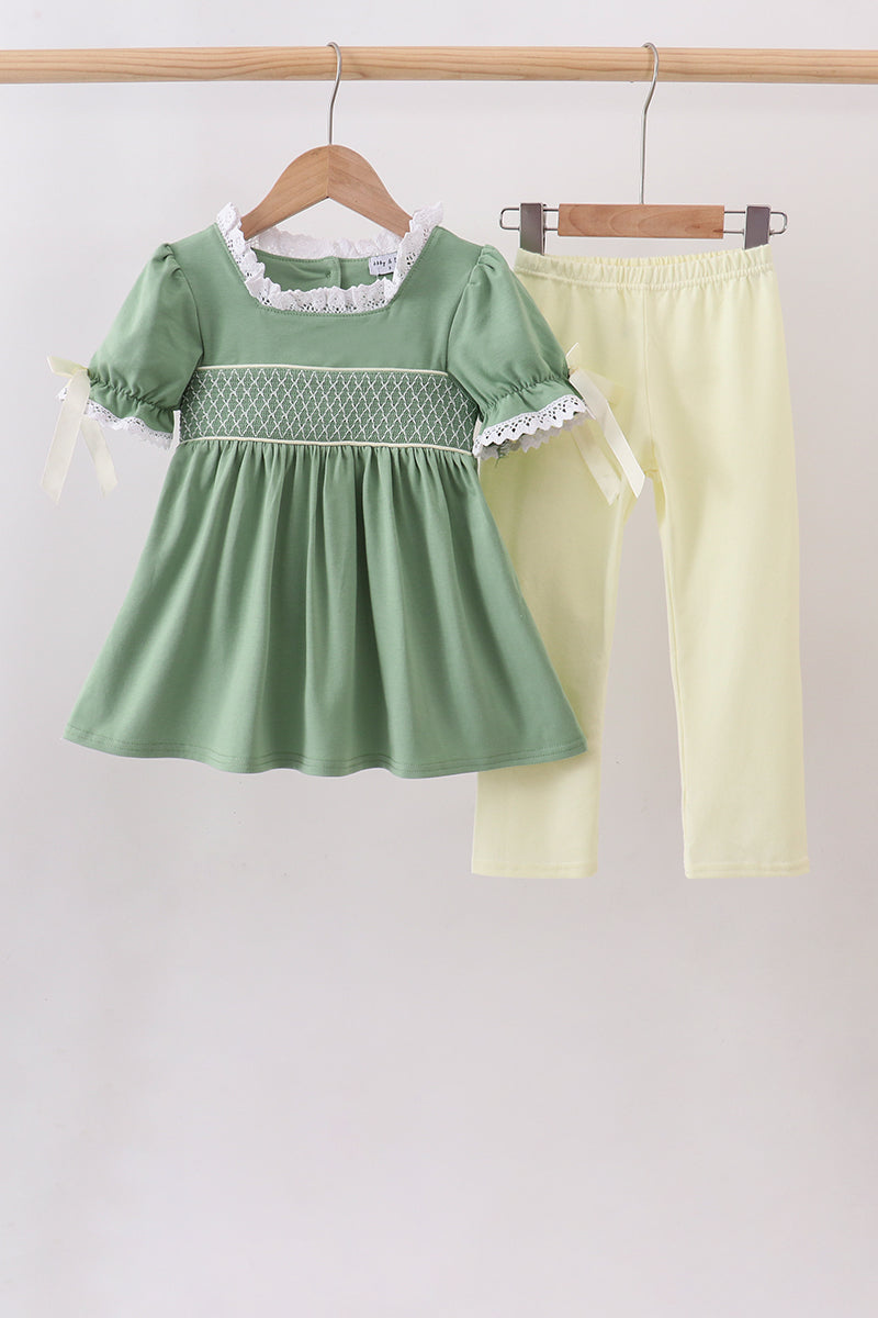 Sage Collar Smocked Lace Pants Set