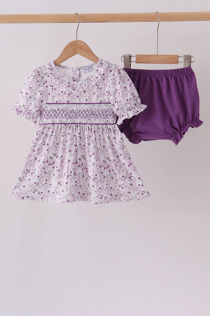 Purple Floral Smocked Ruffle Bloomer Set