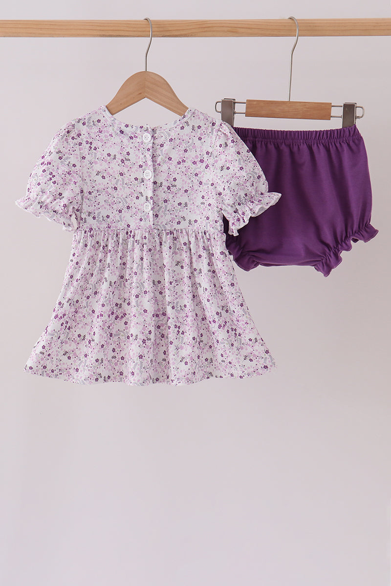 Purple Floral Smocked Ruffle Bloomer Set