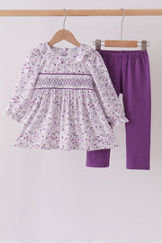 Purple Floral Smocked Pants Set