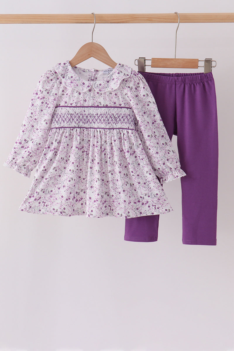Purple Floral Smocked Pants Set
