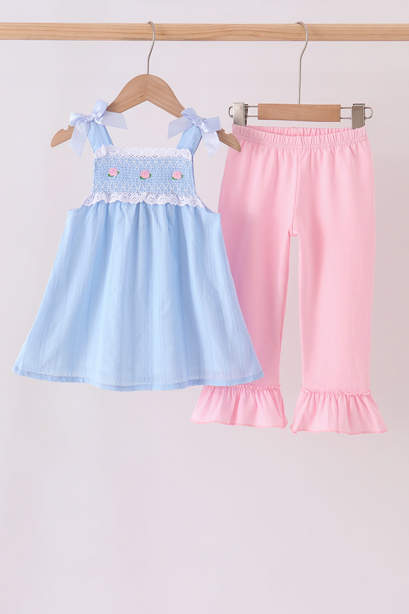 Blue Floral Smocked Lace Ruffle Pants Set