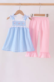 Blue Floral Smocked Lace Ruffle Pants Set