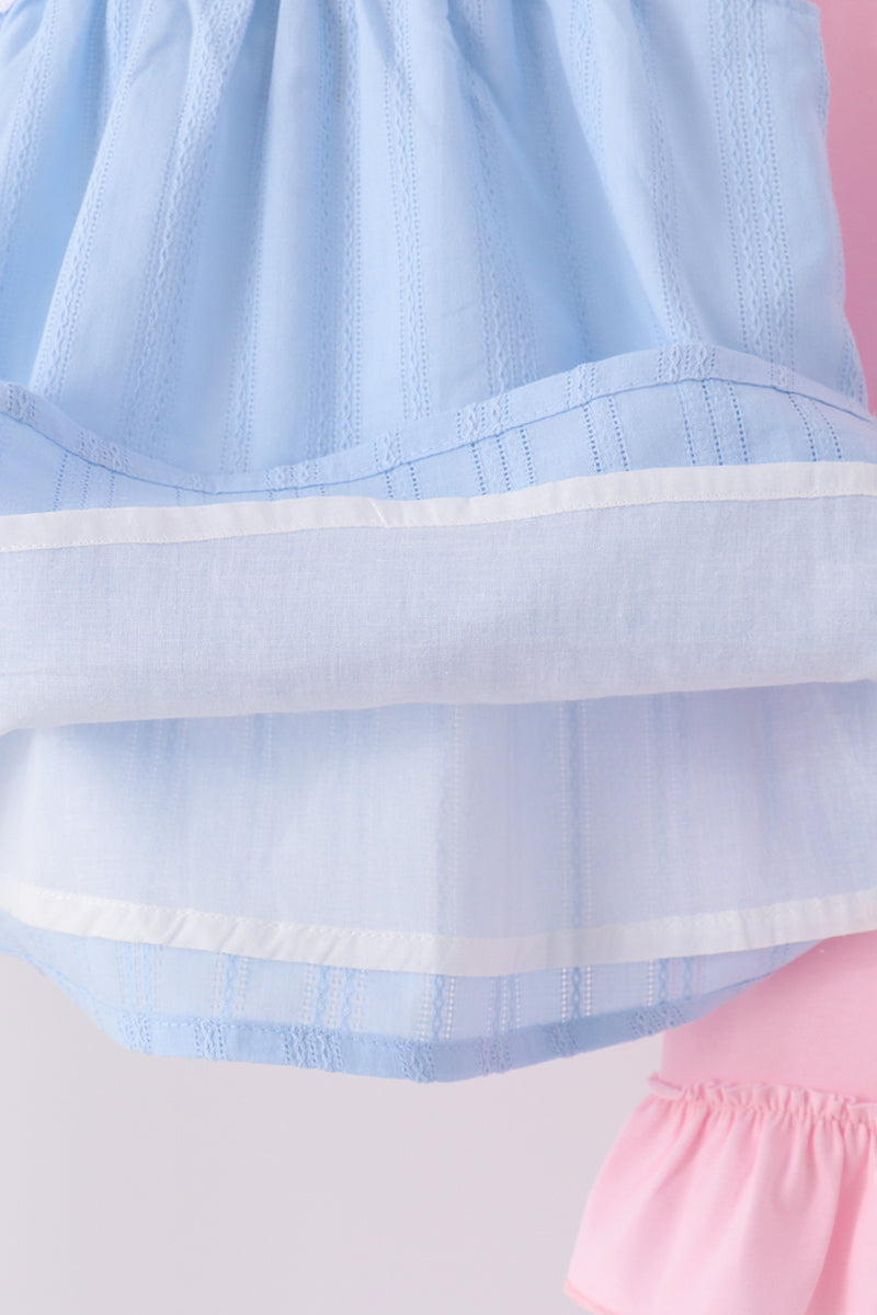 Blue Floral Smocked Lace Ruffle Pants Set