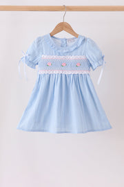 Blue Floral Smocked Lace Ruffle Dress