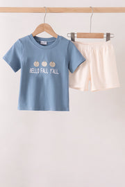 Blue Hallo Fall Y'all Pumpkin Shorts Set