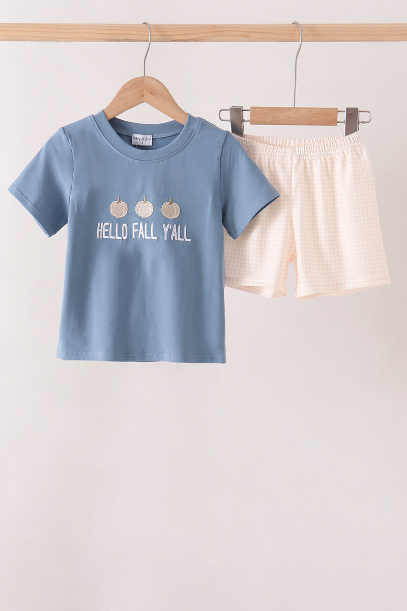 Blue Hallo Fall Y'all Pumpkin Shorts Set