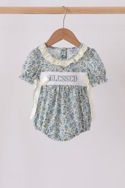 Sage Floral Blessed Smocked Ruffle Bubble