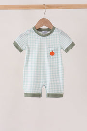 Sage Pumpkin Embroidery Gingham Romper