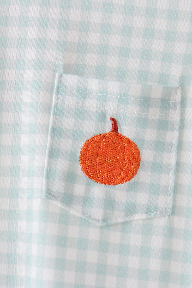 Sage Pumpkin Embroidery Gingham Romper
