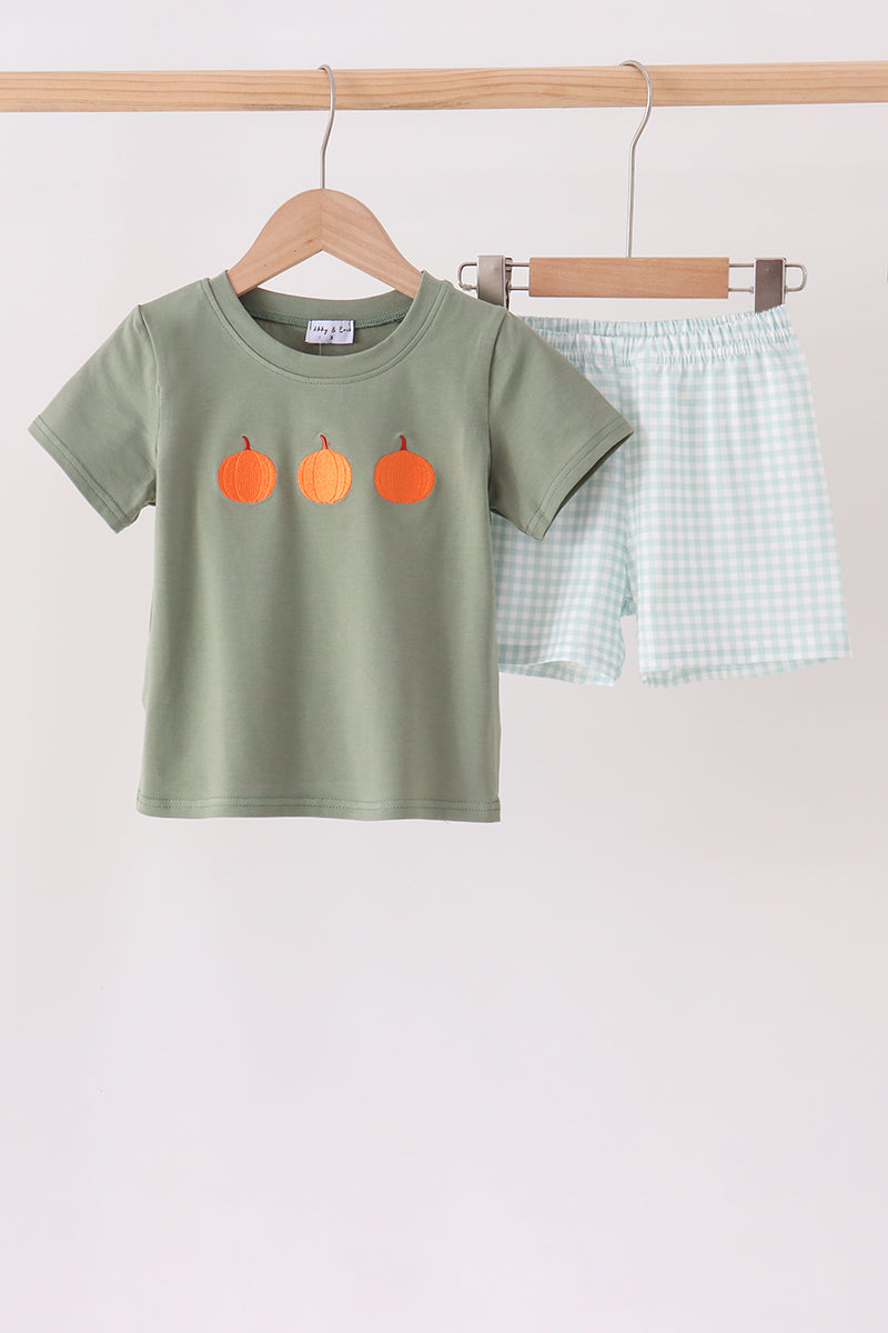Sage Pumpkin Embroidery Gingham Shorts Set
