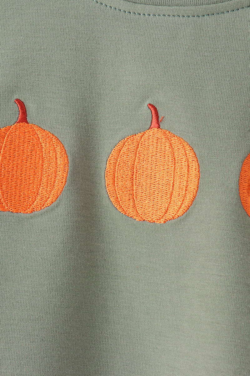 Sage Pumpkin Embroidery Gingham Shorts Set