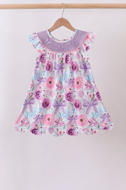 Purple Bow Embroidered Floral Scalloped Dress