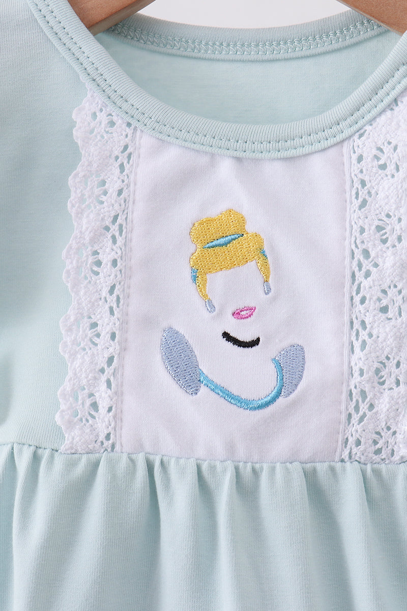 Light Blue Character Embroidery Ruffle Bubble