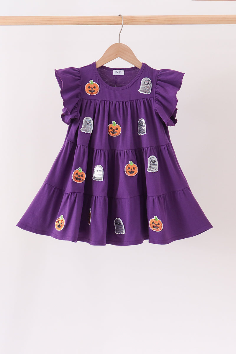 Purple Ghost Pumpkin Sequin Ruffle Dress