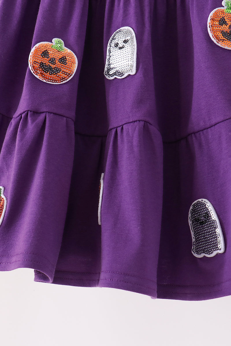Purple Ghost Pumpkin Sequin Ruffle Dress