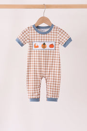 Brown Turkey Pumpkin Embroidery Gingham Romper