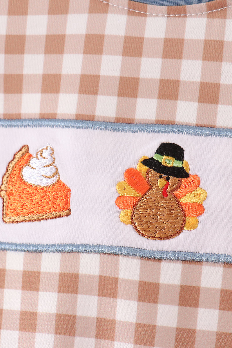 Brown Turkey Pumpkin Embroidery Gingham Romper