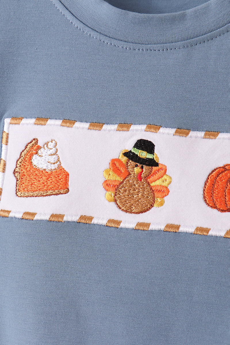Blue Turkey Pumpkin Embroidery Gingham Pants Set