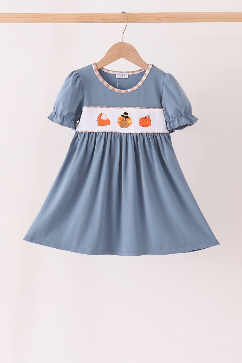 Blue Turkey Pumpkin Embroidery Dress