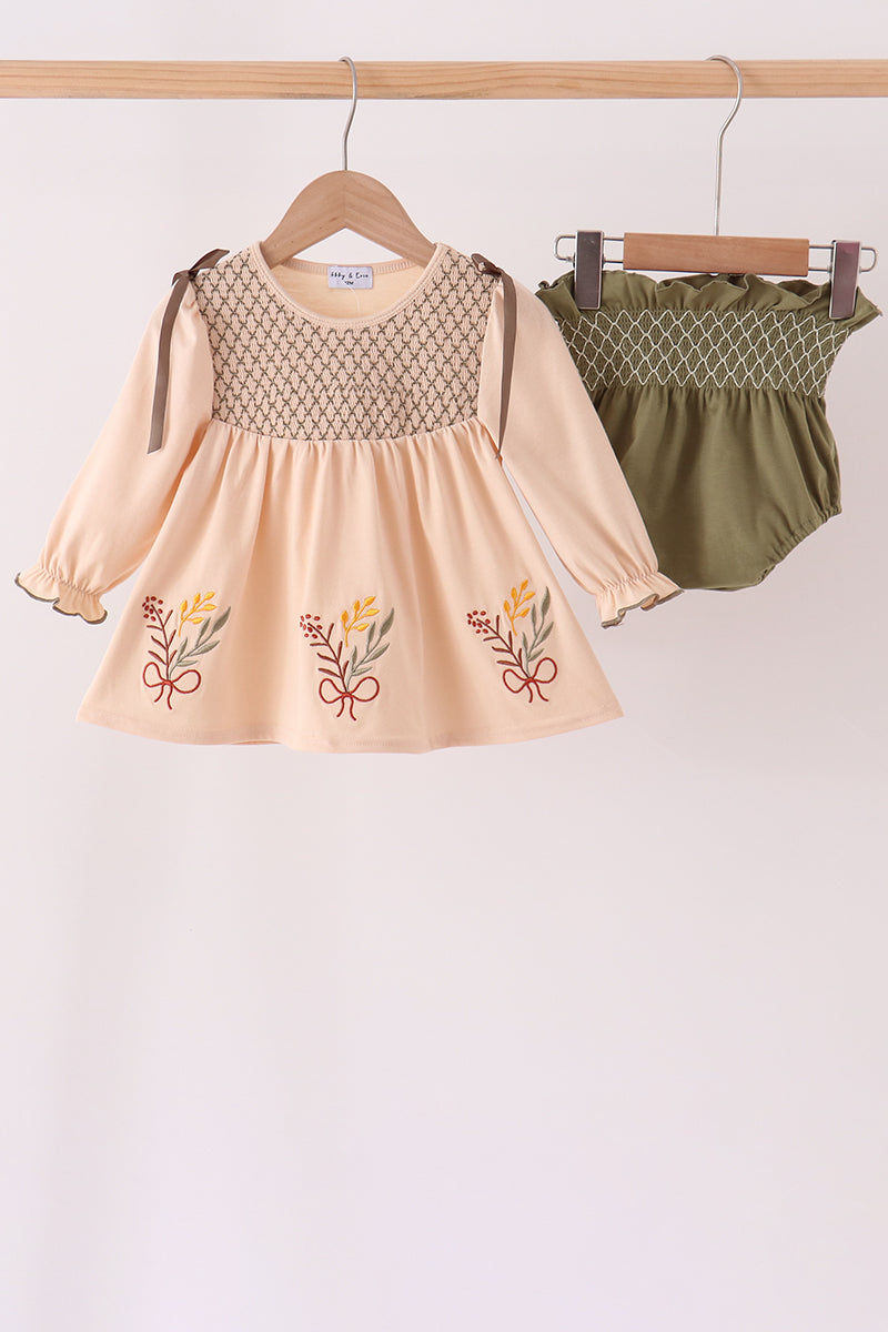 Khaki Floral Smocked Bloomer Set