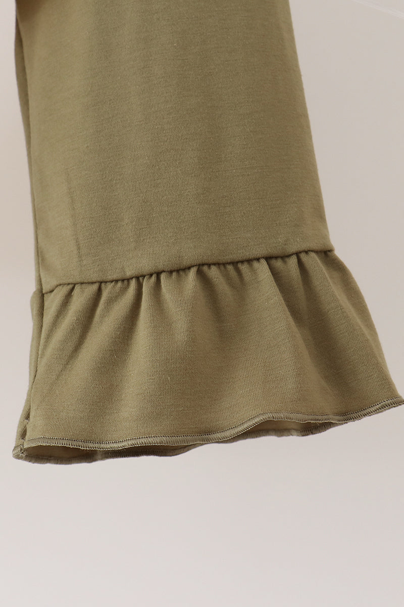 Khaki Floral Smocked Ruffle Pants Set