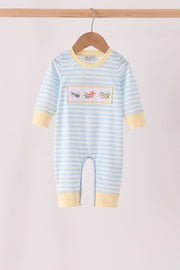 Blue Airplane Embroidery Stripe Romper