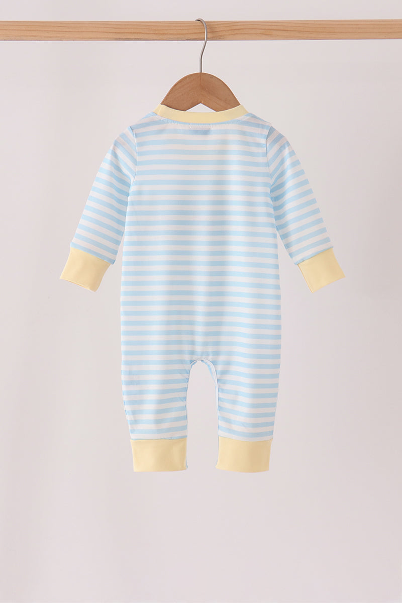 Blue Airplane Embroidery Stripe Romper