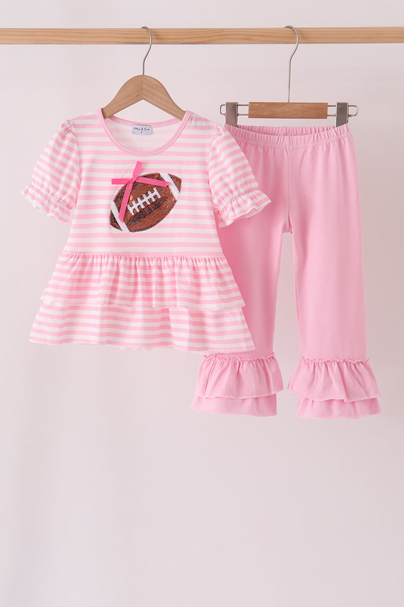 Pink Football Sequin Stripe Ruffle Pants Set