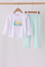 Green Excavator French Knot Stripe Pants Set