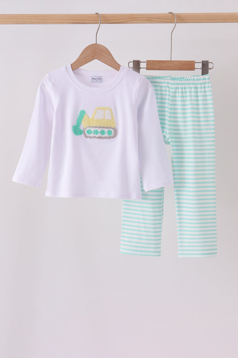 Green Excavator French Knot Stripe Pants Set