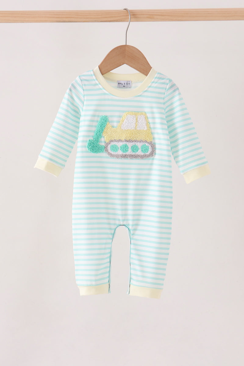 Green Excavator French Knot Stripe Romper