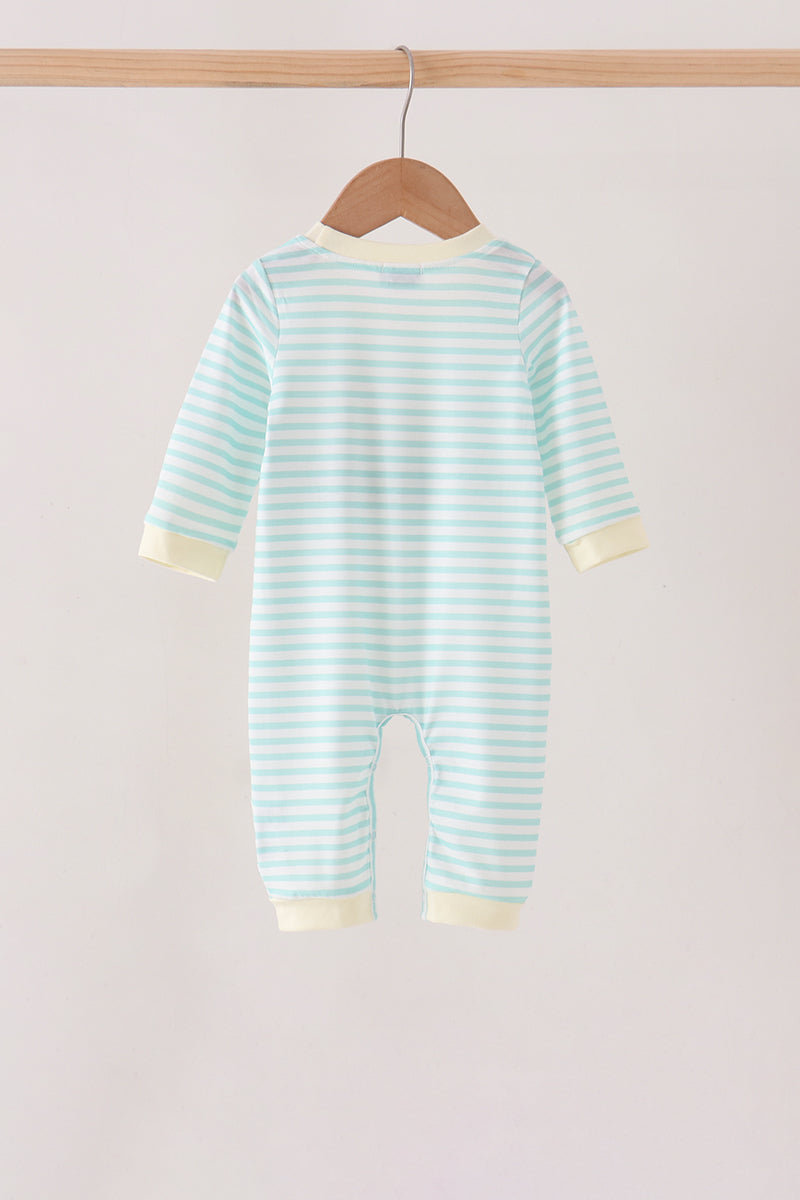 Green Excavator French Knot Stripe Romper
