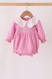 Pink Corduroy Lace Smocked Bubble