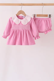 Pink Corduroy Lace Smocked Bloomer Set