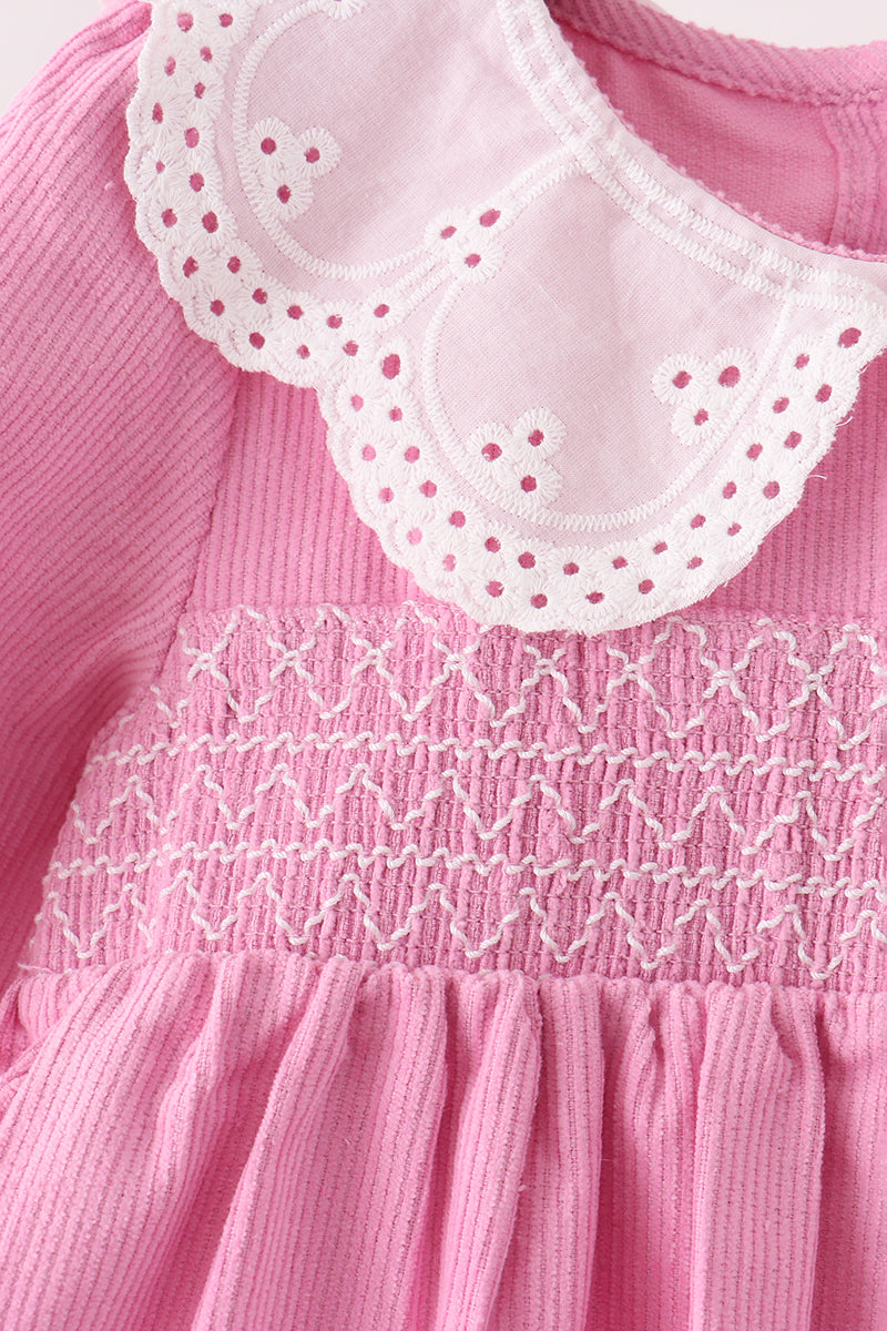 Pink Corduroy Lace Smocked Dress