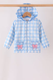 Blue Bow Embroidery Gingham Raincoat
