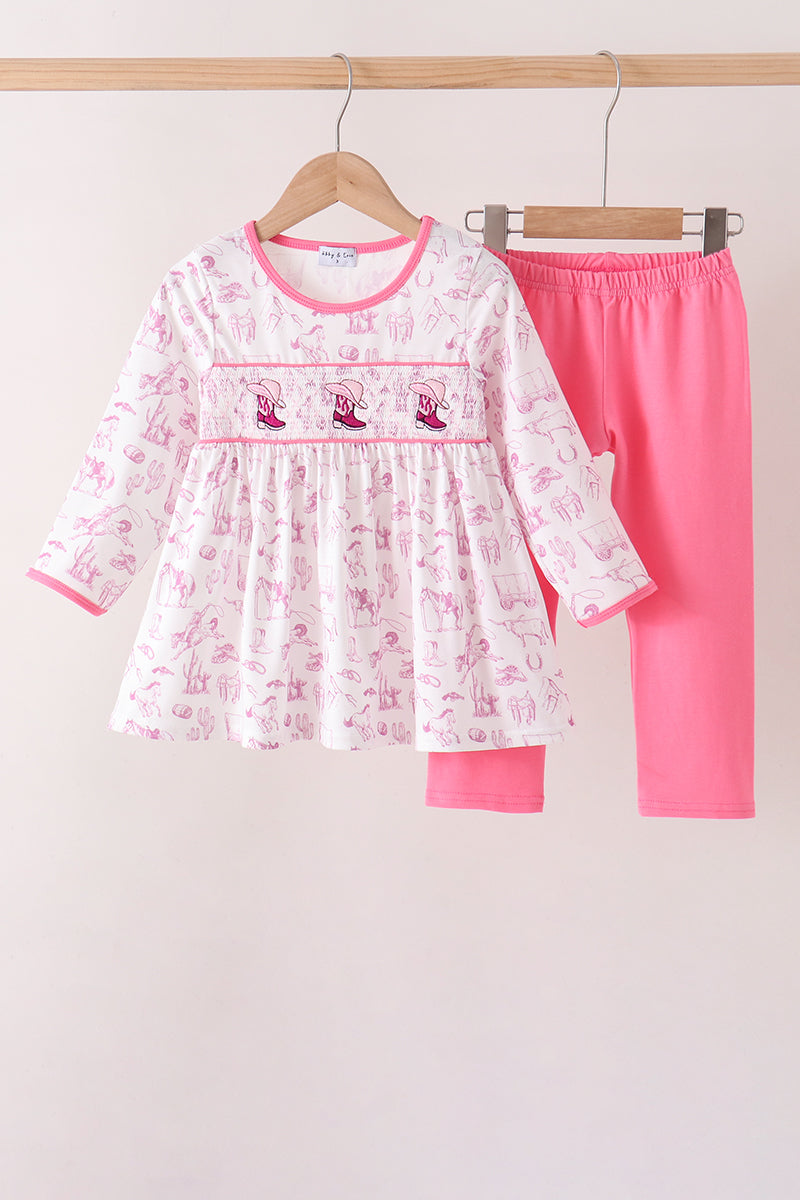 Pink Cowboy Boots Smocked Pants Set