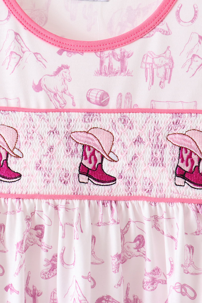 Pink Cowboy Boots Smocked Pants Set
