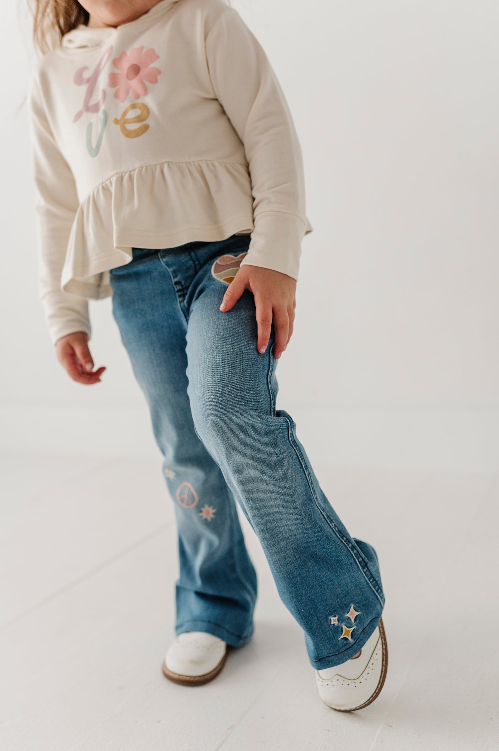 Girls Flare Denim Jeans In Mid Blue Wash