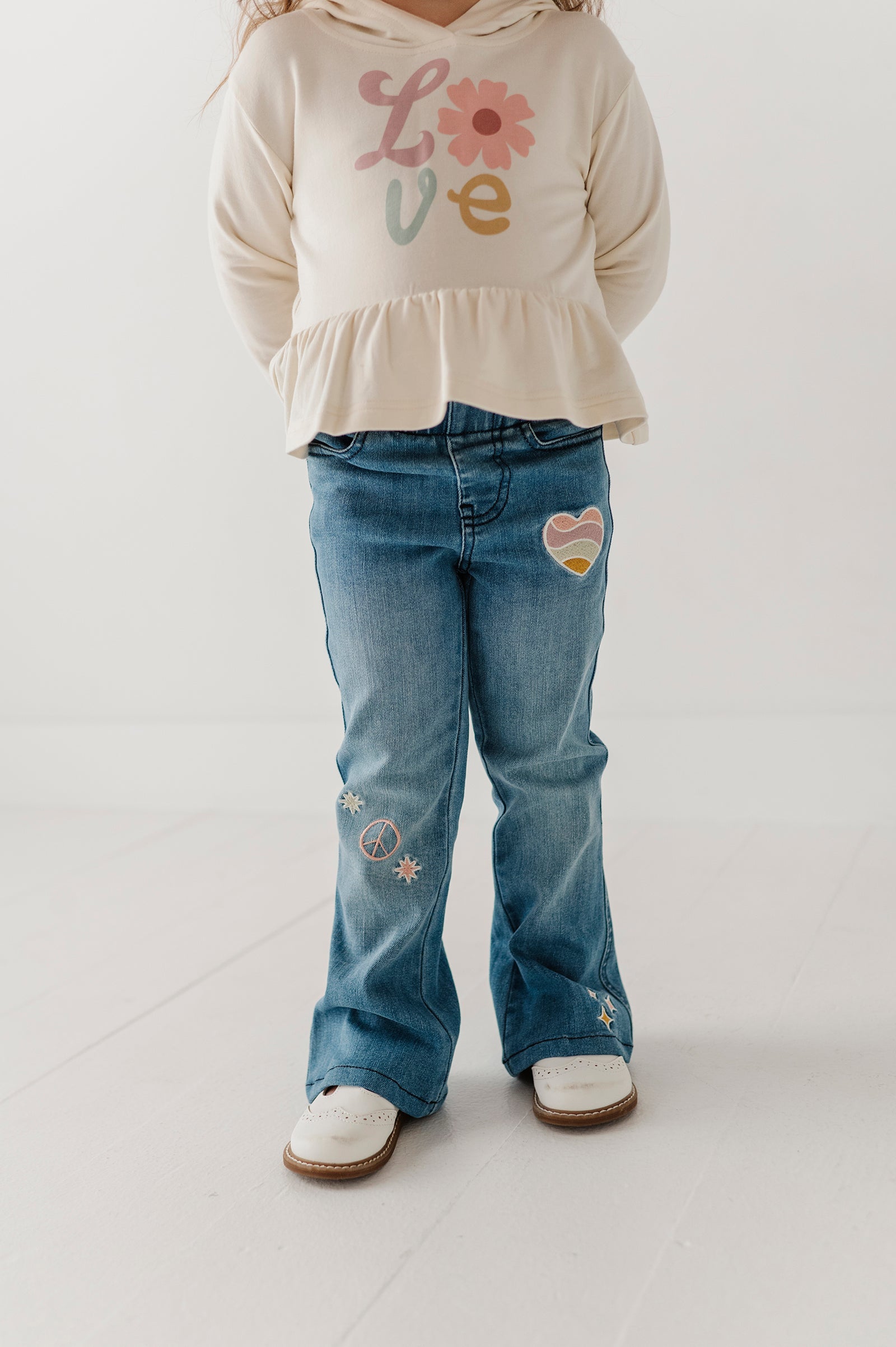 Girls Flare Denim Jeans In Mid Blue Wash